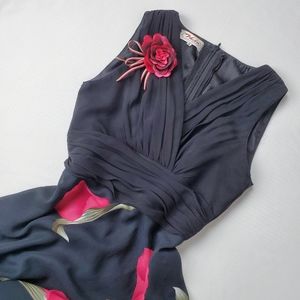 Vintage Black Red Wrap Floral Midi Dress